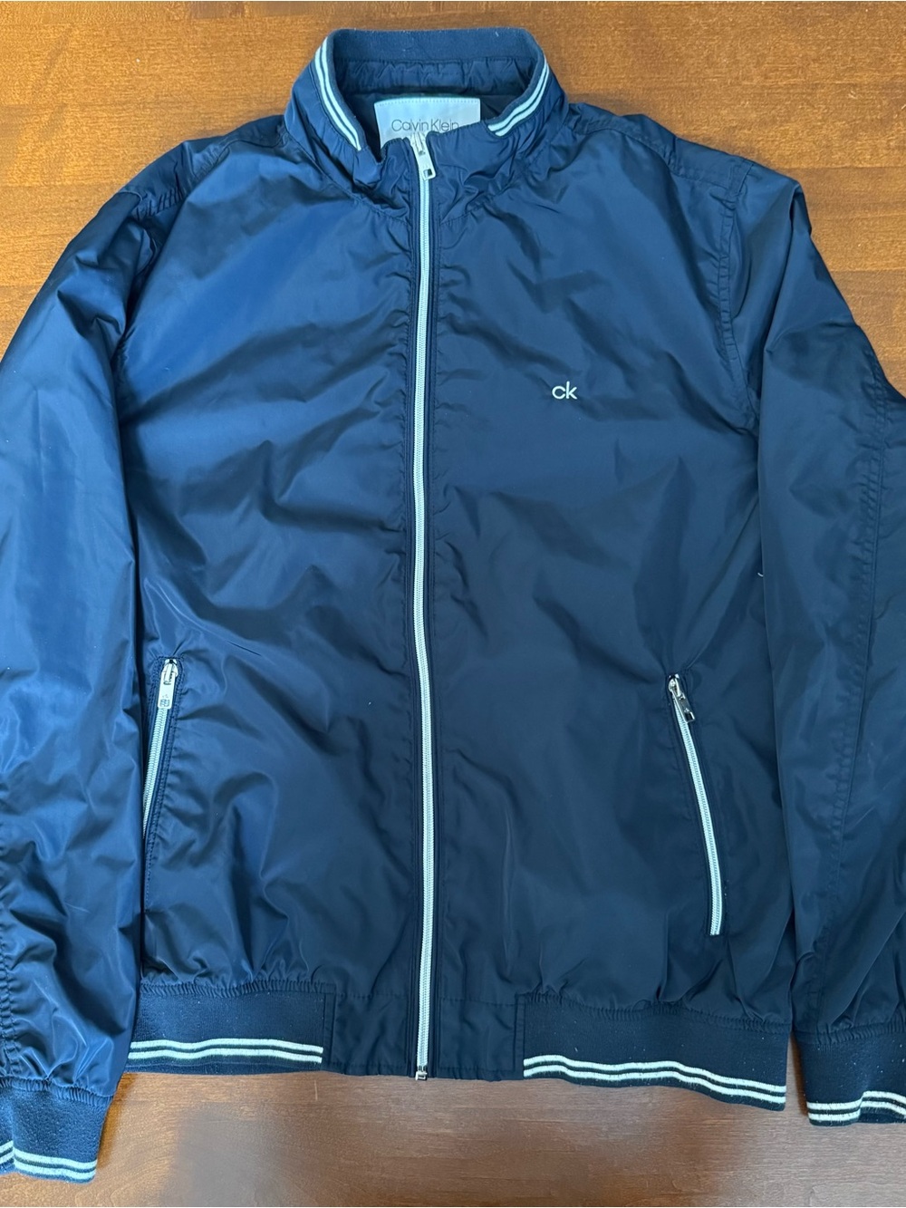Calvin Klein Navy Blue Bomber Jacket with White Trim